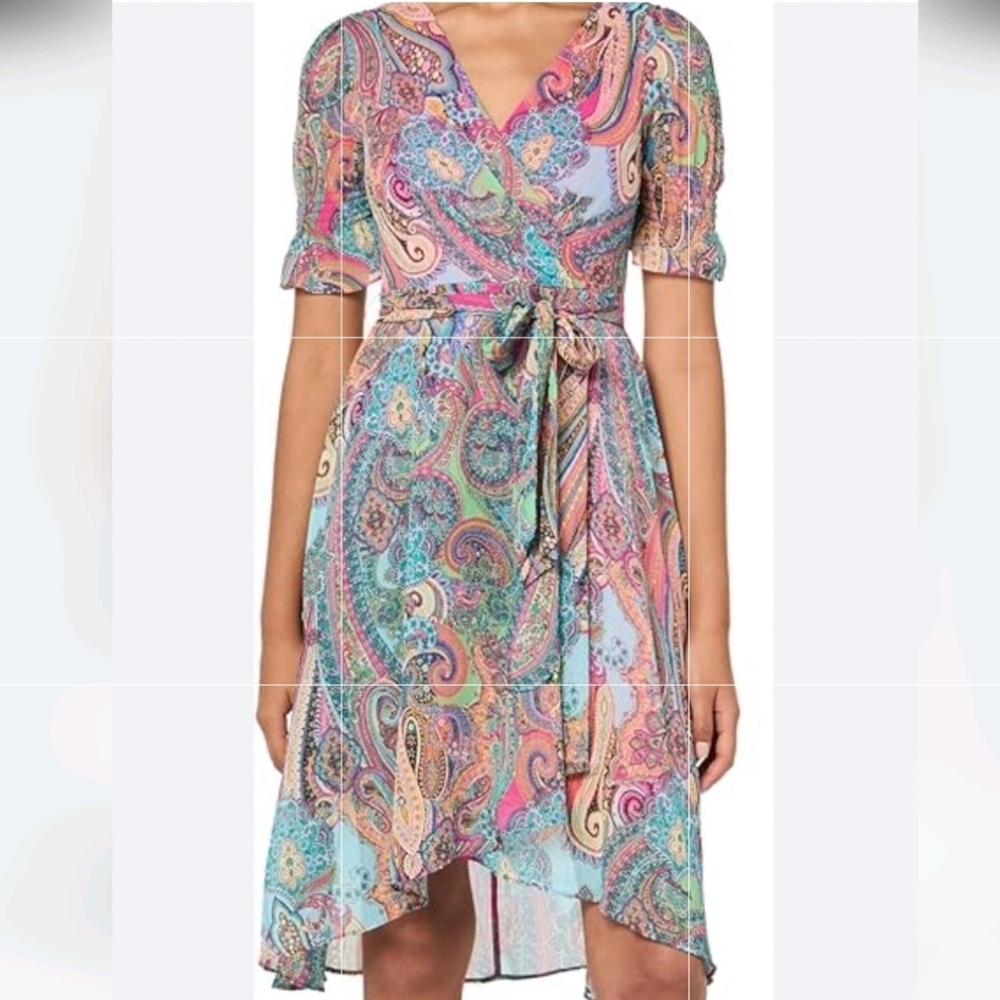 Tommy Hilfiger Multi Colored Faux Wrap Midi Dress   Size 10